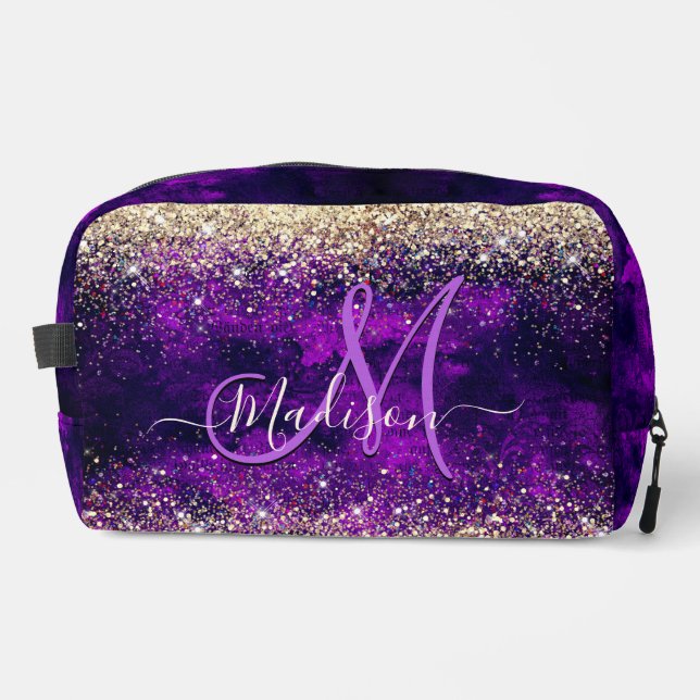 Cute dark purple gold faux glitter monogram access dopp kit (Front)