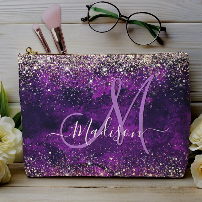Cute dark purple gold faux glitter monogram accessory pouch (Creator Uploaded)