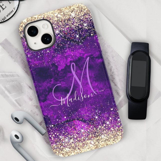 Cute dark purple gold faux glitter monogram Case-Mate iPhone case (Creator Uploaded)
