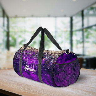 Cute dark purple gold faux glitter monogram duffle bag