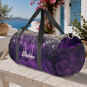 Cute dark purple gold faux glitter monogram duffle bag