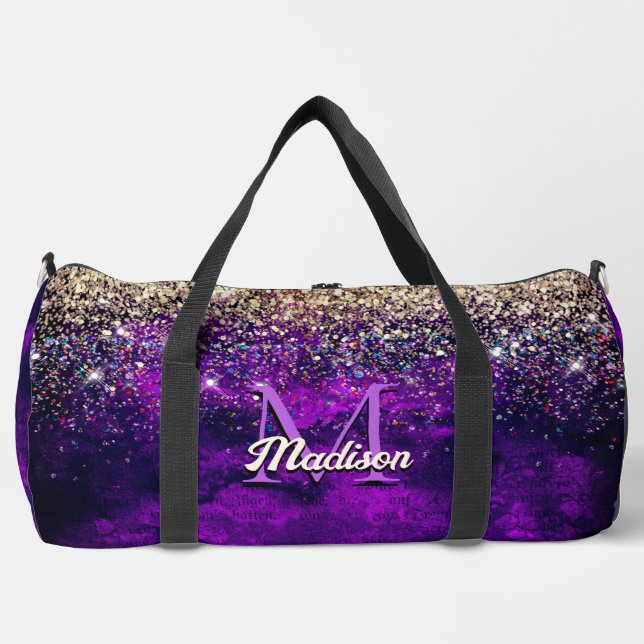 Cute dark purple gold faux glitter monogram duffle bag (Front)