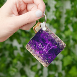 Cute dark purple gold faux glitter monogram key ring