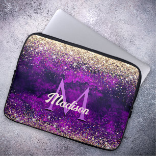 Cute dark purple gold faux glitter monogram laptop sleeve