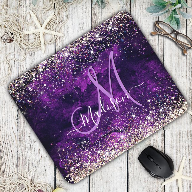Cute dark purple gold faux glitter monogram mouse pad (Creator Uploaded)