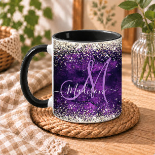 Cute dark purple gold faux glitter monogram mug