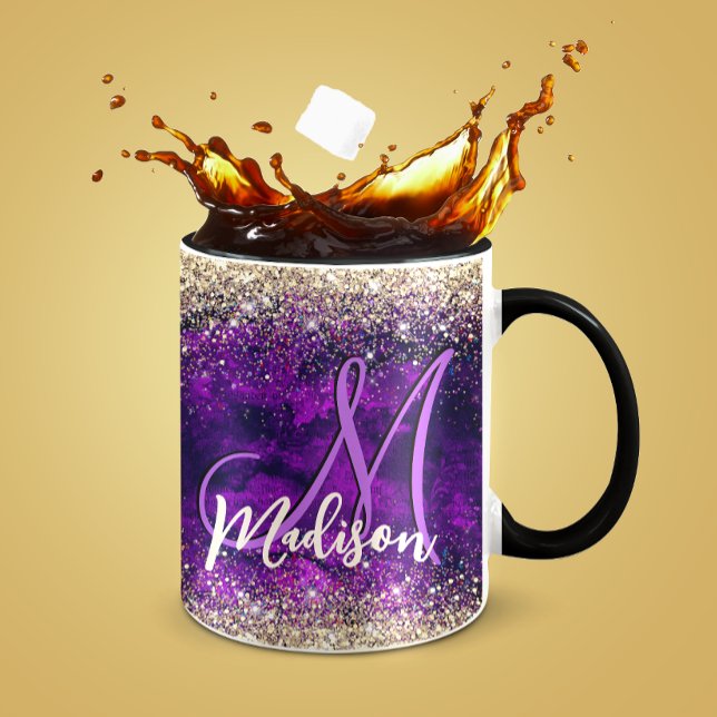Cute dark purple gold faux glitter monogram mug (Creator Uploaded)