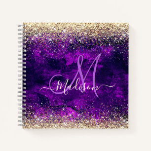 Cute dark purple gold faux glitter monogram notebook