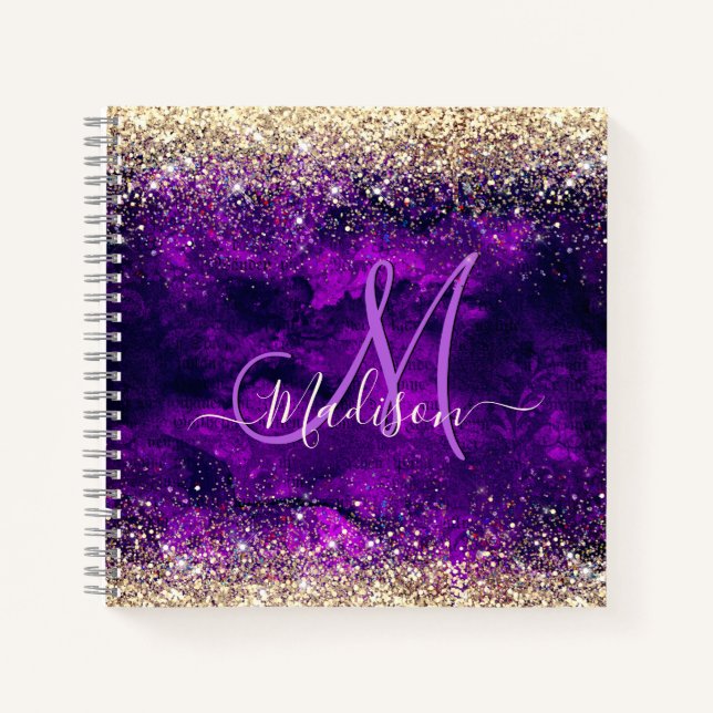 Cute dark purple gold faux glitter monogram notebook (Front)