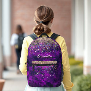 Cute dark purple gold faux glitter monogram printed backpack