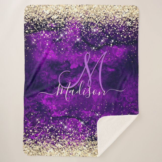Cute dark purple gold faux glitter monogram sherpa blanket (Front)