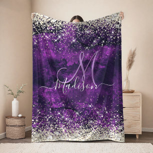Cute dark purple gold faux glitter monogram sherpa blanket