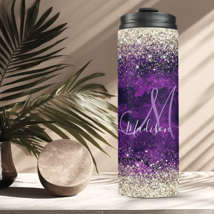 Cute dark purple gold faux glitter monogram thermal tumbler