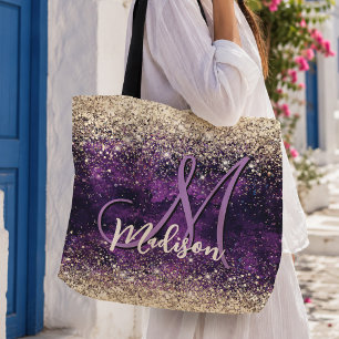 Cute dark purple gold faux glitter monogram tote bag