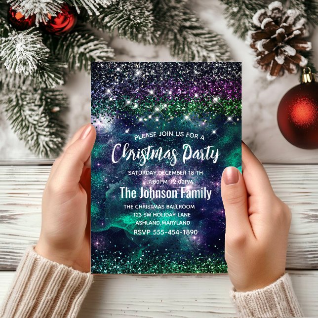 Cute dark purple green faux glitter Christmas  Invitation (Creator Uploaded)