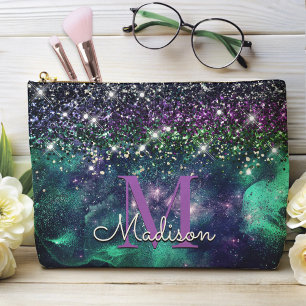 Cute dark purple green faux glitter monogram accessory pouch