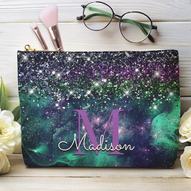 Cute dark purple green faux glitter monogram accessory pouch (Creator Uploaded)