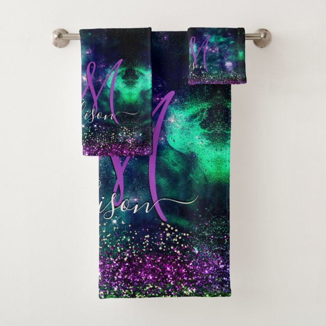 Cute dark purple green faux glitter monogram bath towel set (Insitu)