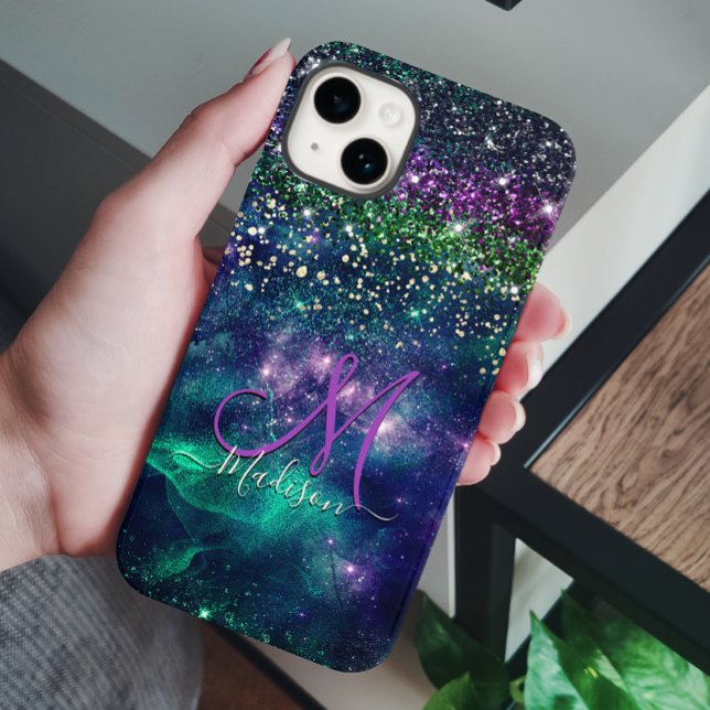 Cute dark purple green faux glitter monogram Case-Mate iPhone case (Creator Uploaded)