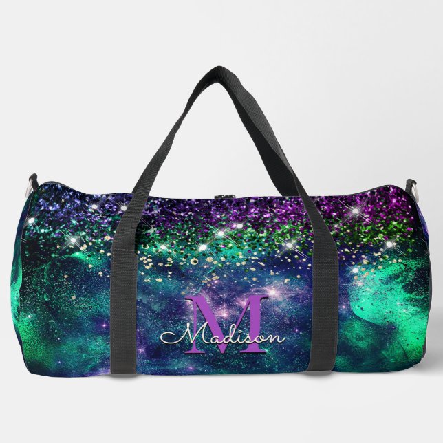 Cute dark purple green faux glitter monogram duffle bag (Front)