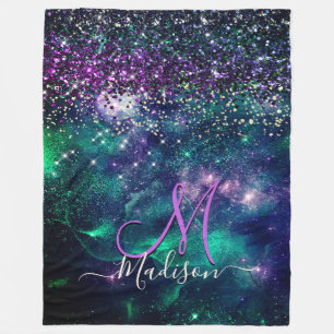 Cute dark purple green faux glitter monogram fleece blanket