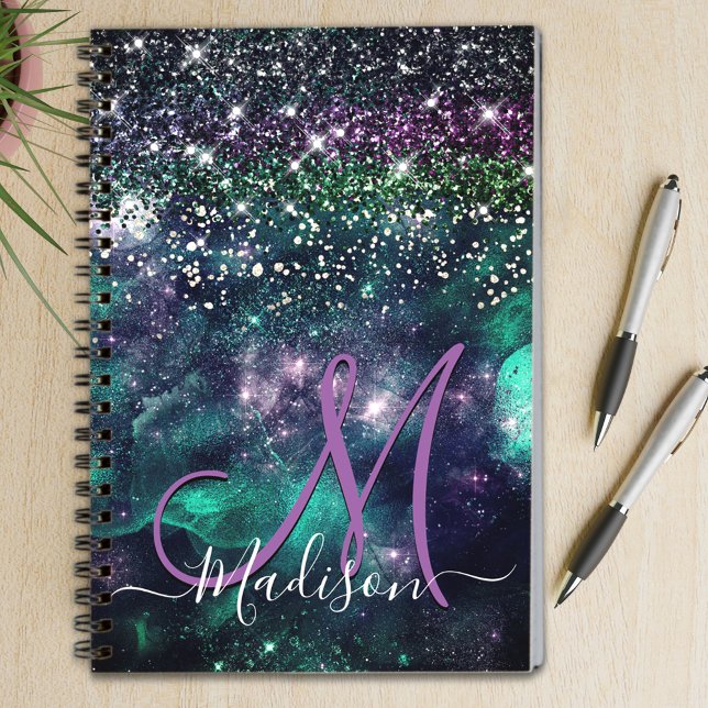 Cute dark purple green faux glitter monogram notebook (Creator Uploaded)