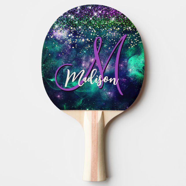 Cute dark purple green faux glitter monogram ping pong paddle (Front)