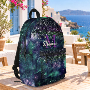Cute dark purple green faux glitter monogram printed backpack