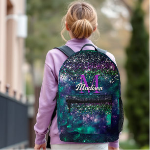 Cute dark purple green faux glitter monogram printed backpack