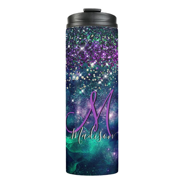 Cute dark purple green faux glitter monogram thermal tumbler (Front)