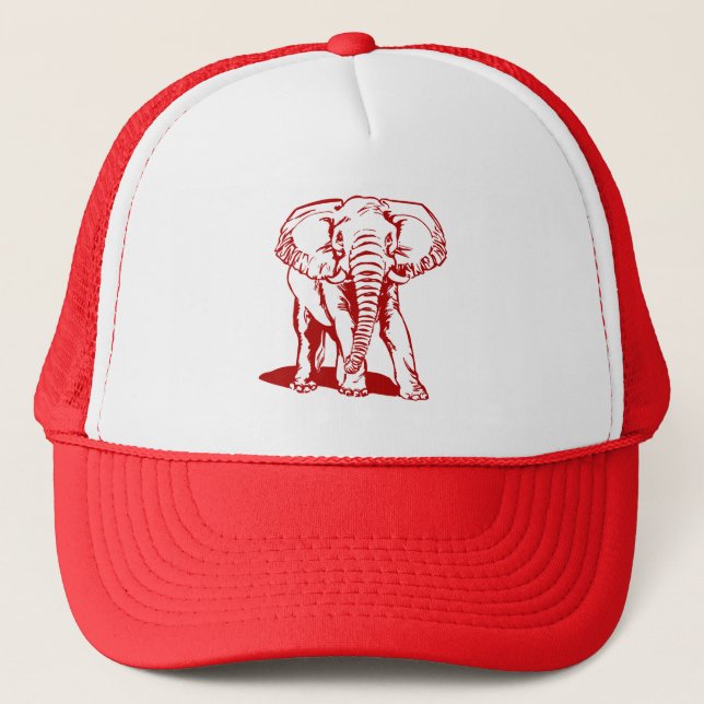 Cute Dark Red Elephant Line Drawing Trucker Hat (Front)
