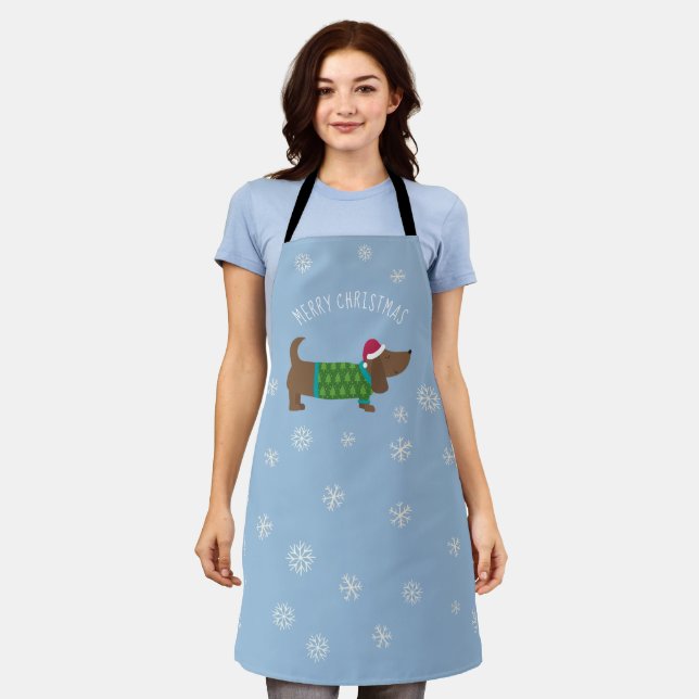Cute Daschund and Snowflakes Blue Illustrated  Apron (Worn)