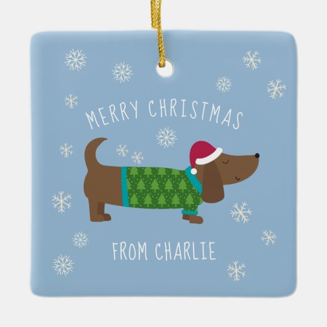 Cute Daschund Photo Christmas  Ceramic Ornament (Front)