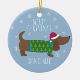 Cute Daschund Photo Round Christmas Ceramic Ornament