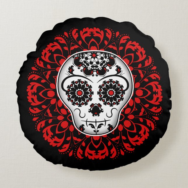 Cute Day of the dead sugar skull Halloween Round Cushion (Front)