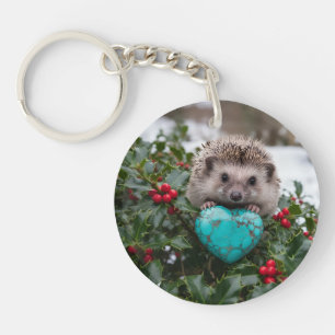 Cute December Hedgehog with Turquoise Heart Key Ring