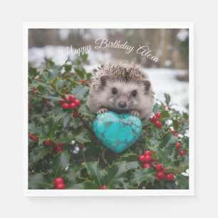 Cute December Hedgehog with Turquoise Heart Napkin