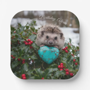 Cute December Hedgehog with Turquoise Heart Paper Plate