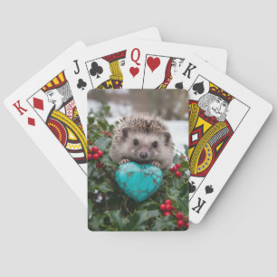 Cute December Hedgehog with Turquoise Heart Playing Cards