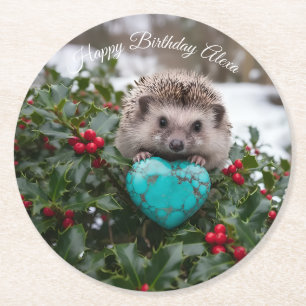 Cute December Hedgehog with Turquoise Heart Round Paper Coaster