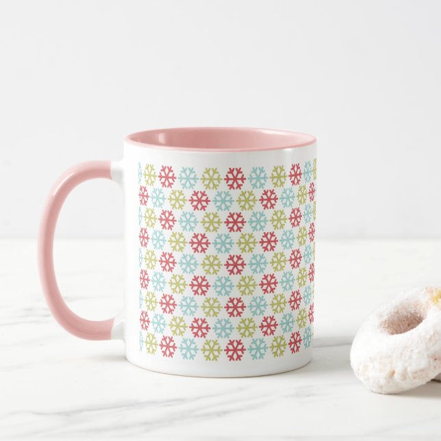 Cute December Winter Snow Flakes Art Pattern Mug (With Donut)