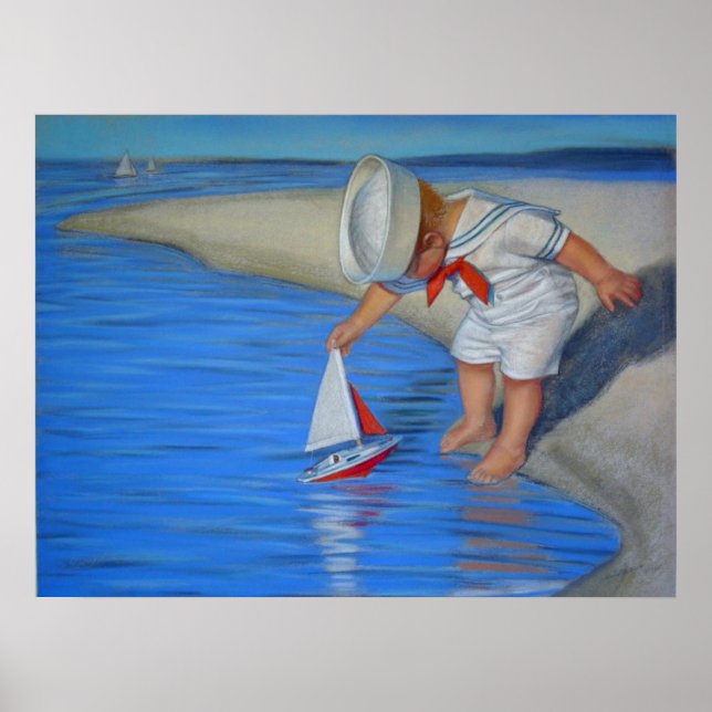 Cute decor art beach Poster, Sailor Boy & sailboat (Front)