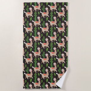 Cute Decorated Llamas Pattern Beach Towel