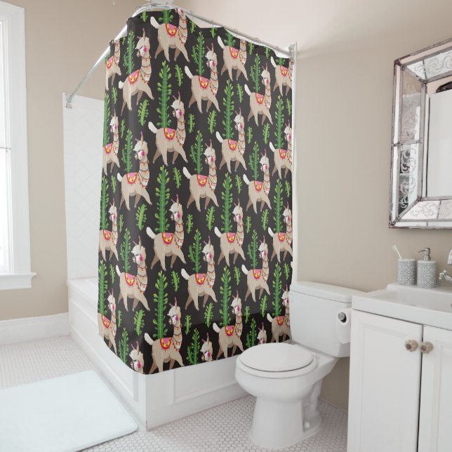 Cute Decorated Llamas Pattern Shower Curtain (In Situ)