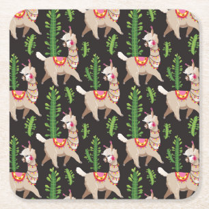 Cute Decorated Llamas Pattern Square Paper Coaster