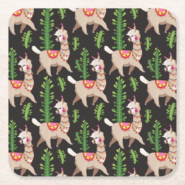 Cute Decorated Llamas Pattern Square Paper Coaster (Front)