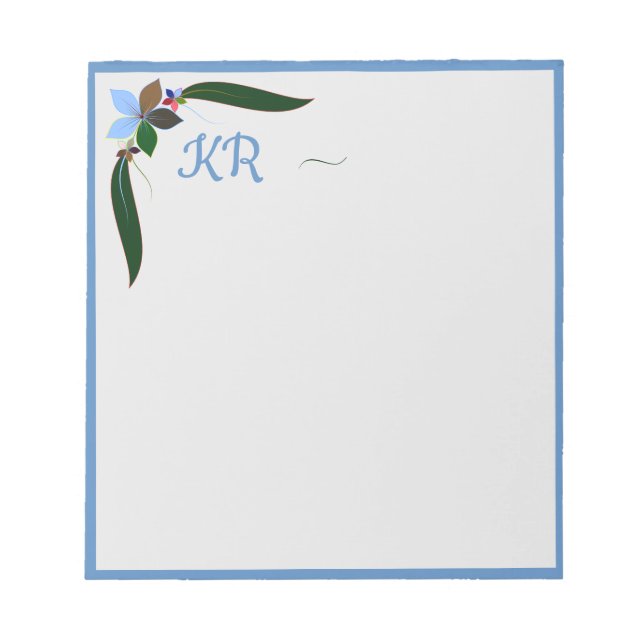 Cute Decorative Floral Blue Border Initial Notepad (Front)