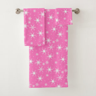 Cute Decorative White Snowflake Hot Pink Christmas Bath Towel Set
