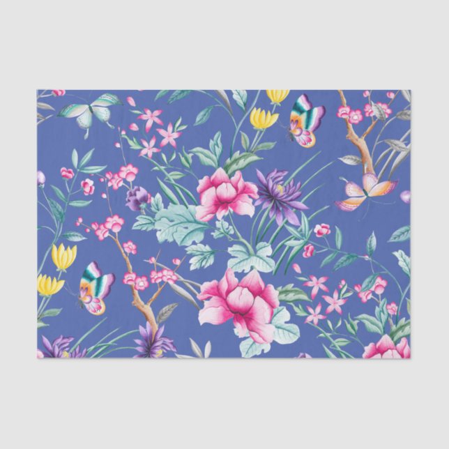 Cute Deep Blue Floral & Butterflies Pattern Tissue Paper (Front)
