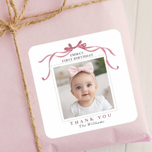 Cute Deep Blush Pink Bow Birthday Thank You  Square Sticker